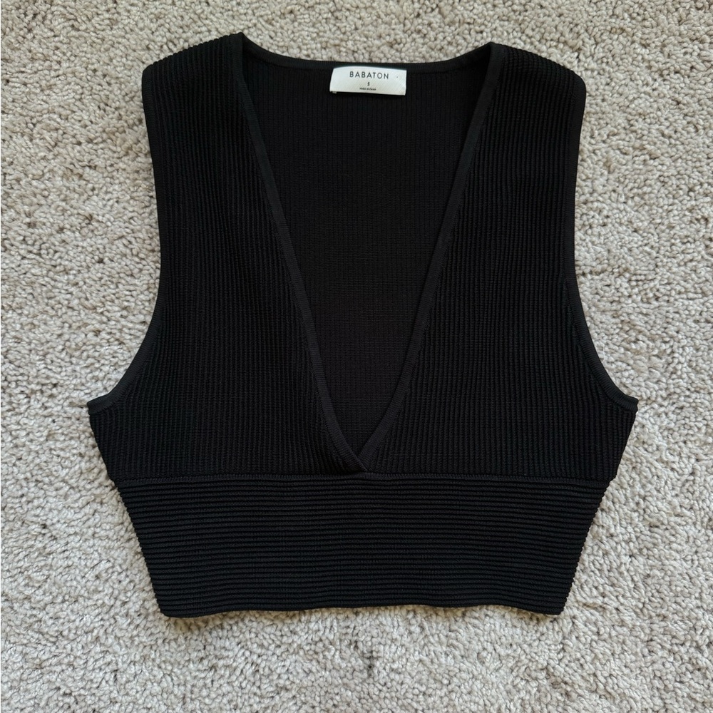 Aritzia Babaton Black Ribbed V Neck Crop
